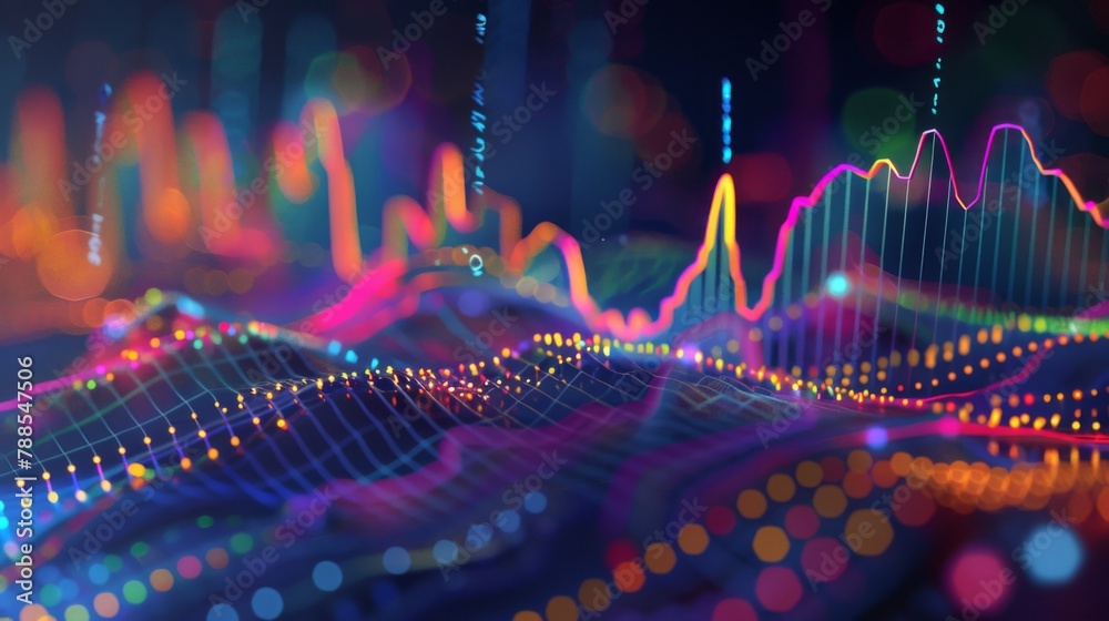 Fototapete A dynamic stock market graph showing fluctuations in share prices, with colorful lines and bars representing trading activity and trends.