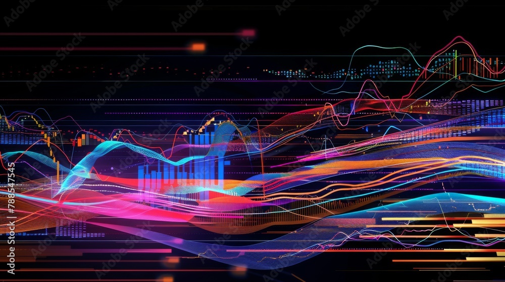 Leinwandbilder a dynamic stock market graph showing fluctuations in share prices, with colorful lines and bars repr