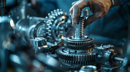 A close-up of workers assembling intricate mechanical components in a precision engineering workshop, with gears and levers coming together with precision.