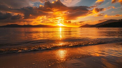 A golden sunset casting warm hues across a tranquil beach, painting the sky with shades of orange and gold, creating a breathtaking natural spectacle. - obrazy, fototapety, plakaty