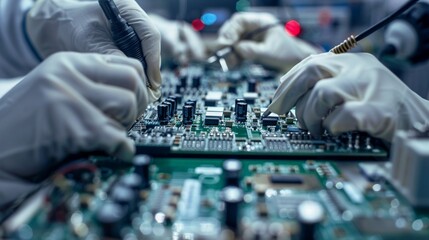 A close-up of workers assembling intricate electronic components in a high-tech electronics...