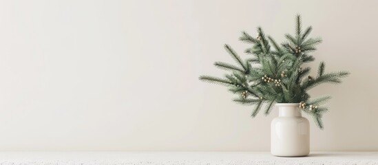 Christmas and New Year decorations for the home. A white wall mockup featuring green fir branches in a vase on a white table, designed for showcasing artwork. - obrazy, fototapety, plakaty