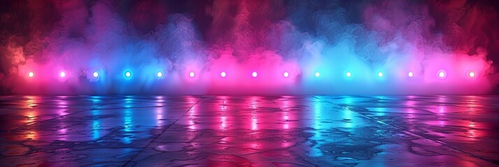 Room with neon lighting in smoke background. Futuristic hall with grunge concrete floor and haze reflection with glowing of light in dark design