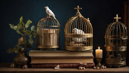 religious books standing with bird cage