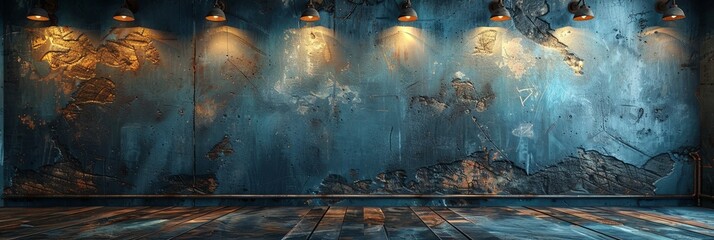 Old wall with cracked plaster and retro lighting lamps background. Vintage empty room in victorian grunge design with shabby side and peeling paint with wooden floor