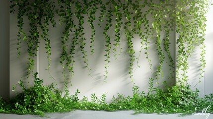 Photo booth with cascading greenery on white wall. AI generate illustration - obrazy, fototapety, plakaty