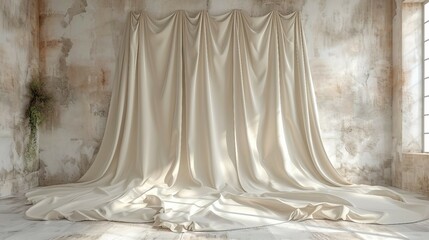 Elegant photo booth with opulent satin drapery on white wall. AI generate illustration