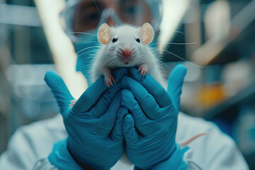 A white rat in the hands of a scientist in blue gloves on a blurred background. A biologist holds a laboratory mouse in his hands and conducts laboratory research on animals. Science and research - obrazy, fototapety, plakaty