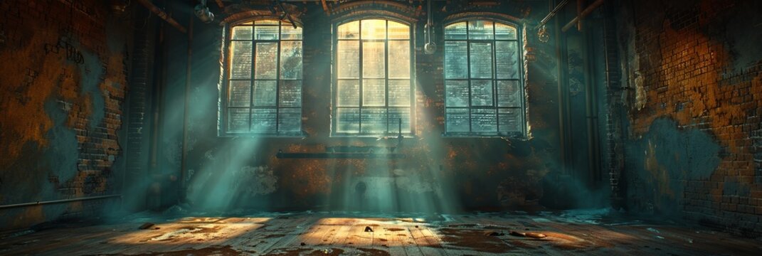 Empty old vintage factory hall background. Retro hall in victorian working grunge design with shabby brick wall and peeling paint with windows and steel lattice frames with wooden floor