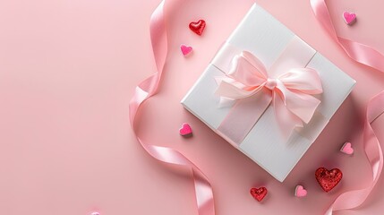 A charming top down snapshot captures Valentine s Day decorations featuring a pristine white gift box adorned with a delicate pink silk ribbon bow and sweet little hearts set against a soft