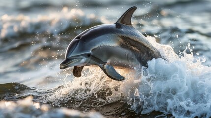 A lone dolphin leaping out of the water in a playful arc, its sleek body catching the sunlight as it dances through the waves with joyous abandon.