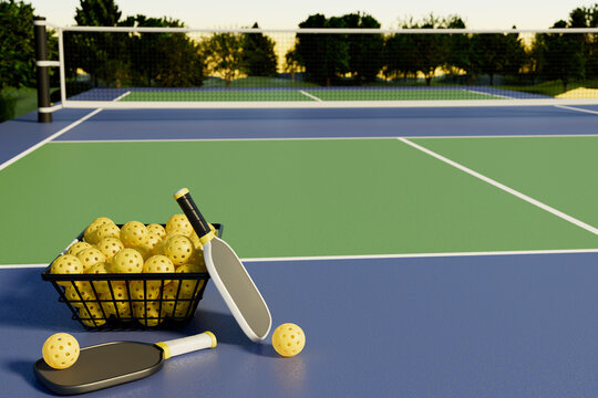 Pickleball rackets and balls in a basket on an outdoor sports court 3D rendering.