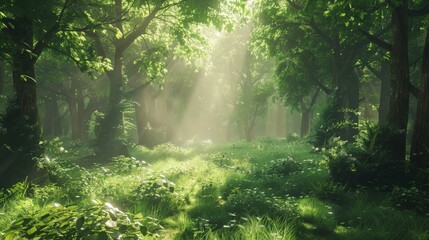 Obraz premium A lush green forest with sunlight filtering through the trees, showcasing the beauty and tranquility of untouched natural environments.