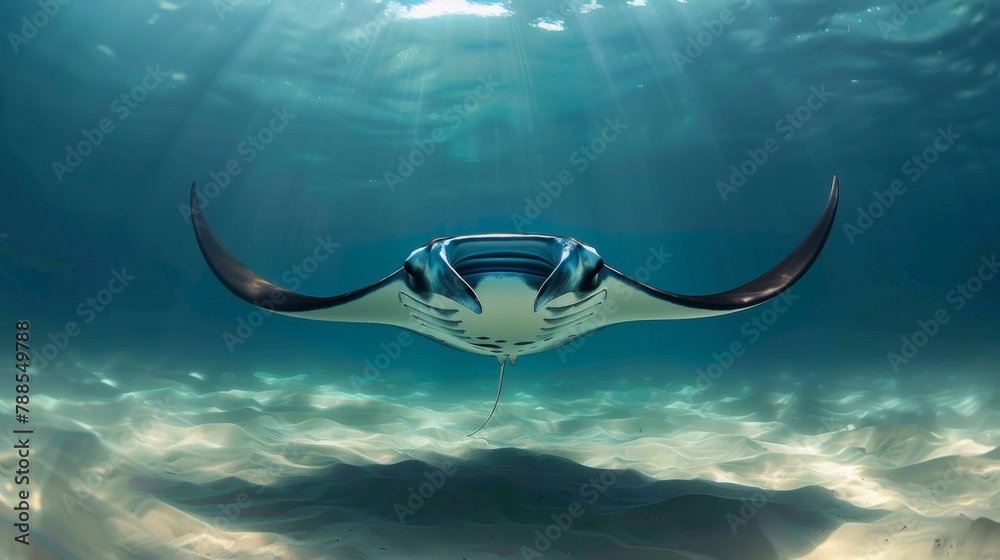 Poster a magnificent manta ray gracefully soaring through the ocean depths, its expansive wingspan casting 