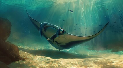 A magnificent manta ray gracefully soaring through the ocean depths, its expansive wingspan casting shadows on the sandy seabed below. - obrazy, fototapety, plakaty