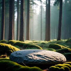 A large, round stone in the foreground with a smooth surface, situated in a forest with tall pine trees and a soft, hazy atmosphere suggesting early morning light - obrazy, fototapety, plakaty
