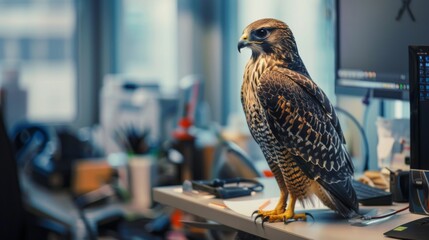 A majestic bird of prey perched on the edge of a computer desk, its sharp eyes scanning the screen with a regal air of curiosity. - obrazy, fototapety, plakaty