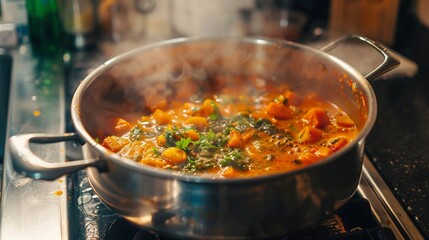 A close-up shot of a bubbling pot of vegetable curry simmering on the stove, filling the kitchen with the aroma of spices and coconut milk.