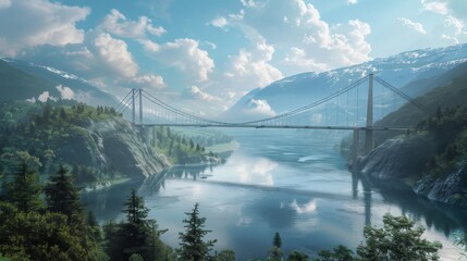 A majestic bridge spanning across a wide river, connecting two shores and symbolizing unity, progress, and human ingenuity. - obrazy, fototapety, plakaty