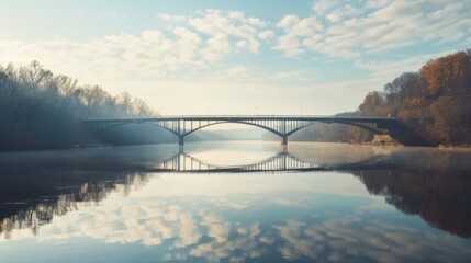 A majestic bridge spanning across a wide river, connecting two shores and symbolizing unity, progress, and human ingenuity. - obrazy, fototapety, plakaty