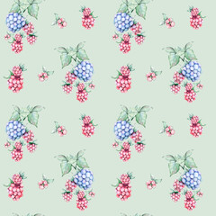 Seamless pattern with watercolor raspberries