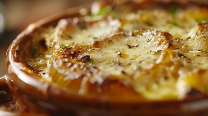 A close-up shot of a bubbling pot of French onion soup topped with melted Gruy??re cheese, offering a warm and comforting culinary embrace.