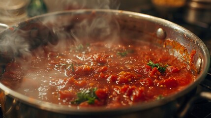 A close-up shot of a bubbling pot of homemade tomato sauce simmering on the stove, filling the kitchen with the aroma of herbs and spices.