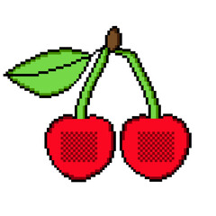 Pixeled cherry. Summer vacation icons set in pixel art design isolated on white background, 80s-90s, digital vintage game style. 