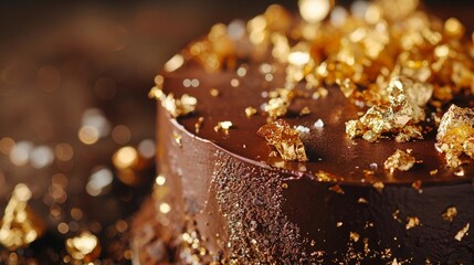 A close-up shot of a decadent chocolate truffle cake adorned with edible gold leaf, offering a luxurious and indulgent dessert experience. - obrazy, fototapety, plakaty