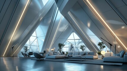 A Spacious And Bright Living Room With A Huge Triangle Window.