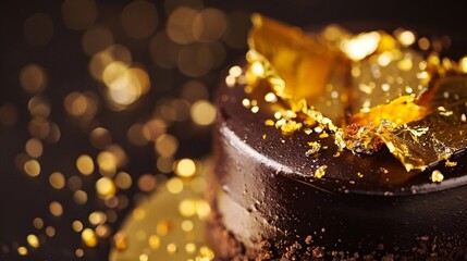 A close-up shot of a decadent chocolate truffle cake adorned with edible gold leaf, offering a luxurious and indulgent dessert experience.