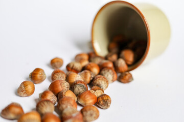 stack of hazelnuts in a cup on white background