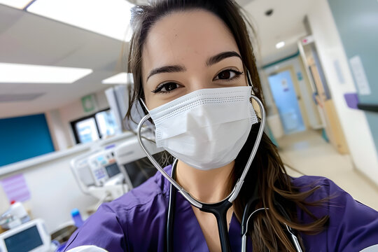 A nurse selfie wearing a white face mask and a stethoscope around her neck