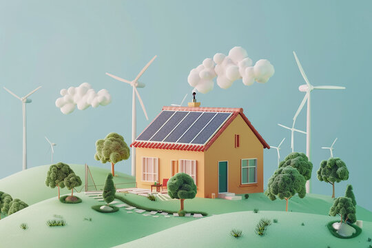 Cartoon house with solar panels and wind turbines