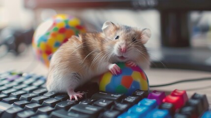 A playful hamster rolling around in a colorful ball beside a computer, its tiny paws eagerly tapping at the keyboard in a quest for adventure.