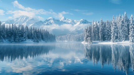 Beautiful landscape of a lake with a forested area full of snow and mountains in high resolution and high quality. winter concept