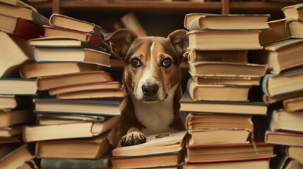 A charming and intelligent canine enjoying a cozy afternoon in the library surrounded by stacks of books, showcasing the pet's love for reading, learning, and literature - obrazy, fototapety, plakaty