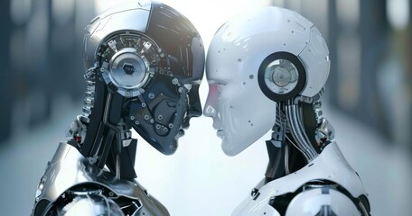 Fototapeta premium Futuristic Humanoid Robots Face to Face.