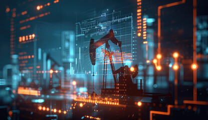3D illustration of an oil pump in the background, data visualizations and charts with numbers on a digital screen