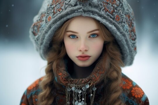 Fashionable Russian girl winter clothes sunny light. Park natural cheerful adorable cute. Generate Ai