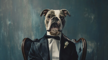 Portrait of an anthropomorphic dog dressed elegantly in a tuxedo, sitting with poise - obrazy, fototapety, plakaty