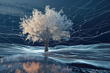 Graphic model of a tree completely covered in snow, sci-fi, hi-tech, science - obrazy, fototapety, plakaty