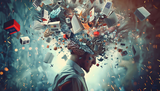 Overwhelming information data explode out of the head of the young human brain, too much media, too much information, news, social media addiction