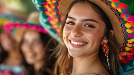 Laughing group of young adults in sombreros, celebrating friendship and Cinco de Mayo festive times - obrazy, fototapety, plakaty