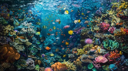 Naklejka na ściany i meble A serene underwater scene of colorful tropical fish darting among intricate coral formations, creating a vibrant tapestry of life beneath the waves.