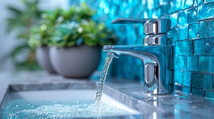 Water tap , faucet. Flow water in bathroom with sink. Modern clean house. Hygiene concept.  Panorama