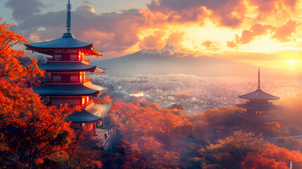 Beautiful landscape of Kiyomizu-dera Temple at sunset in Kyoto, Japan