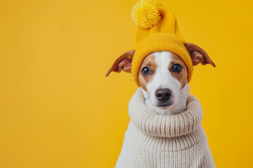 Portrait of a cute anthropomorphic dog dressed in a cozy sweater and beanie