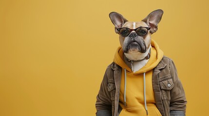Portrait of a stylish anthropomorphic dog wearing sunglasses and a casual jacket against a yellow background - obrazy, fototapety, plakaty