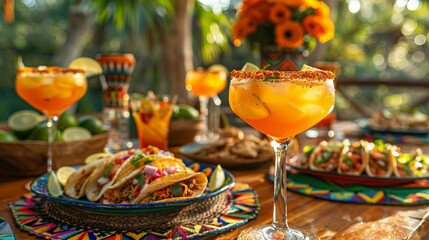 Table set for Cinco de Mayo celebration with margaritas, tacos, and colorful decor